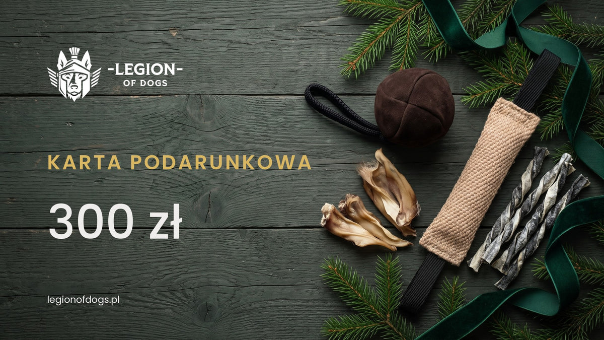 Karta podarunkowa Legion of Dogs na 300 zł: piłka skórzana, gryzak z juty i suszone przysmaki na ciemnych deskach ze świerkiem