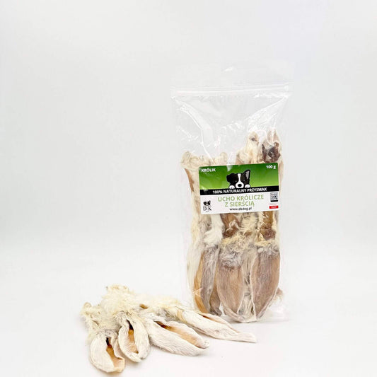 Gryzak naturalny dla psa DK DOG - ucho królika z sierścią - 100 g