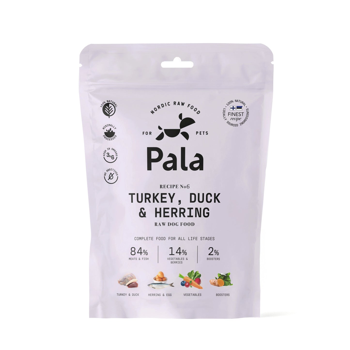 Karma surowa suszona powietrzem Pala Pet Foods, Przepis #6, indyk, kaczka i śledź - opakowanie pod kątem