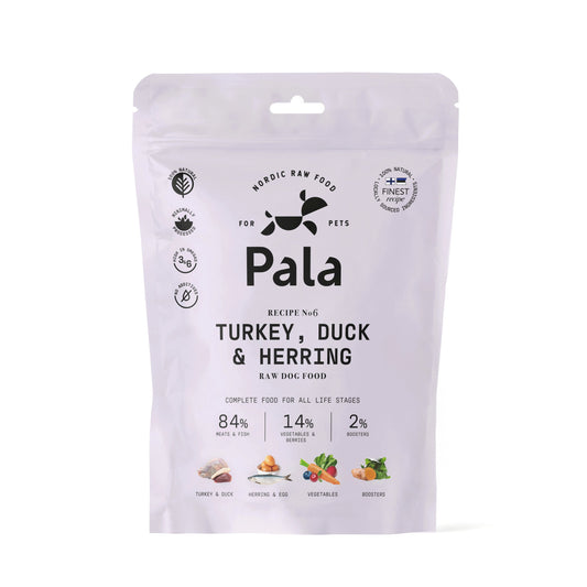 Karma surowa suszona powietrzem Pala Pet Foods, Przepis #6, indyk, kaczka i śledź - opakowanie pod kątem