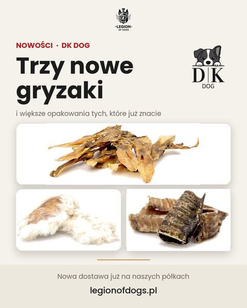 🐾🦴 Ucho królika, skóra królika z sierścią i tchawica wołowa od DK DOG - nowości na naszych półkach.