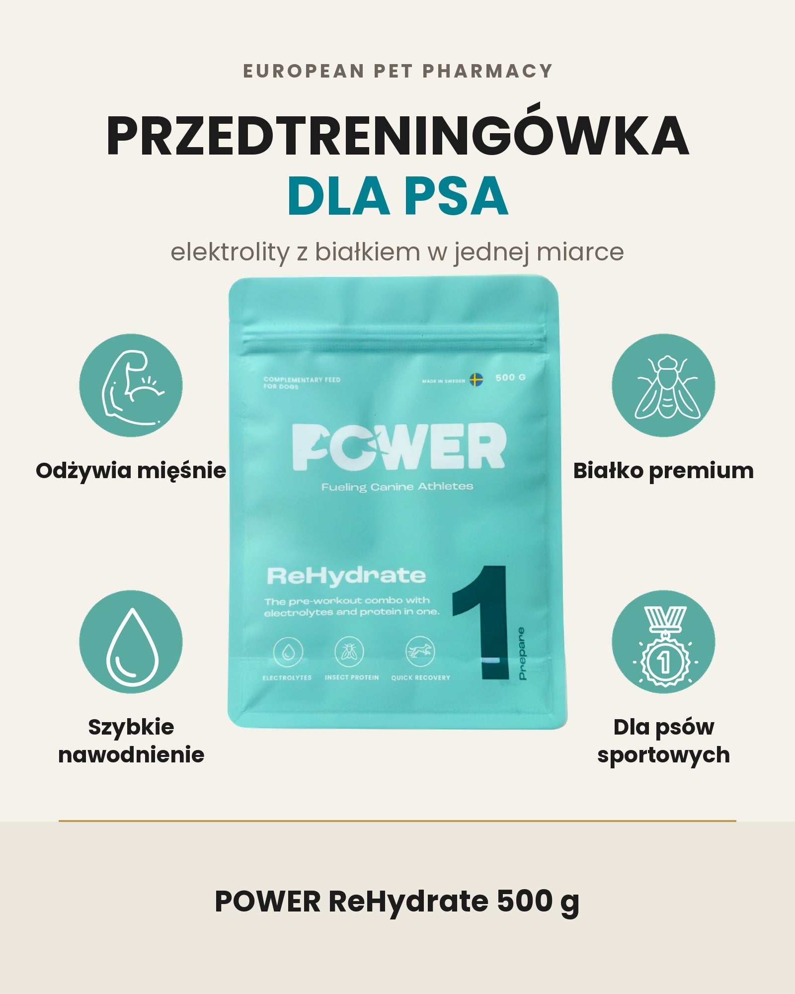 POWER ReHydrate 500 g - przedtreningówka dla psa: odżywia mięśnie, białko premium, szybkie nawodnienie, dla psów sportowych