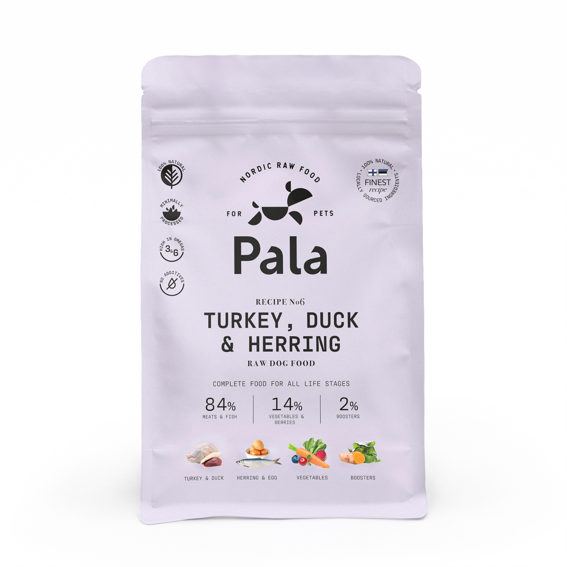 Karma surowa suszona powietrzem Pala Pet Foods, Przepis #6, indyk, kaczka i śledź - opakowanie od frontu