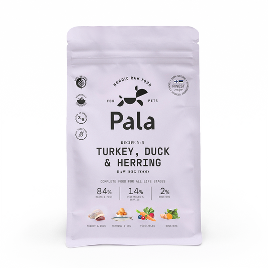 Karma surowa suszona powietrzem Pala Pet Foods, Przepis #6, indyk, kaczka i śledź - opakowanie od frontu