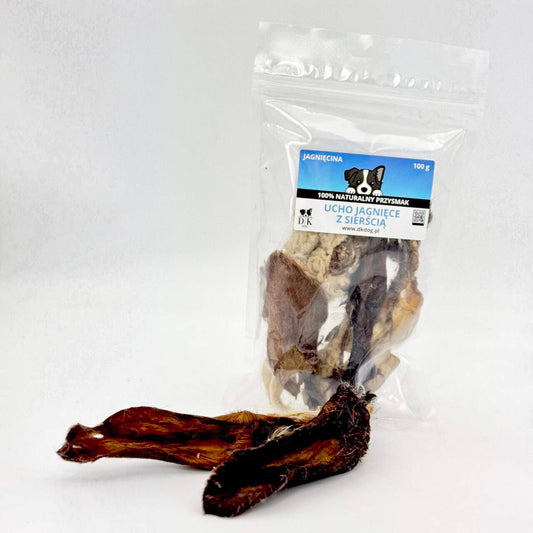 Gryzak naturalny dla psa DK DOG - ucho jagnięce z sierścią - 100 g