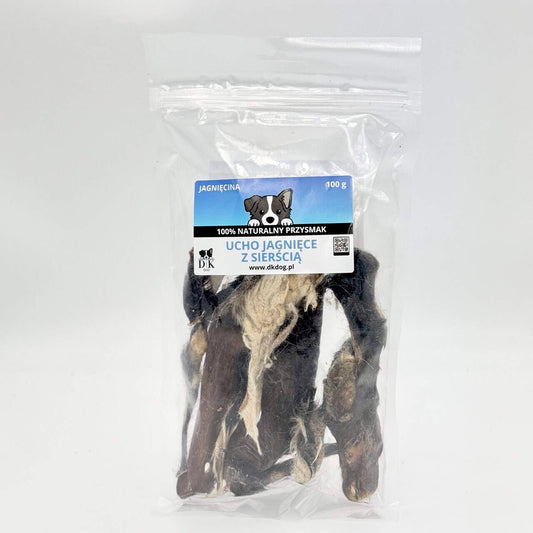 Gryzak naturalny dla psa DK DOG - ucho jagnięce z sierścią - 100 g