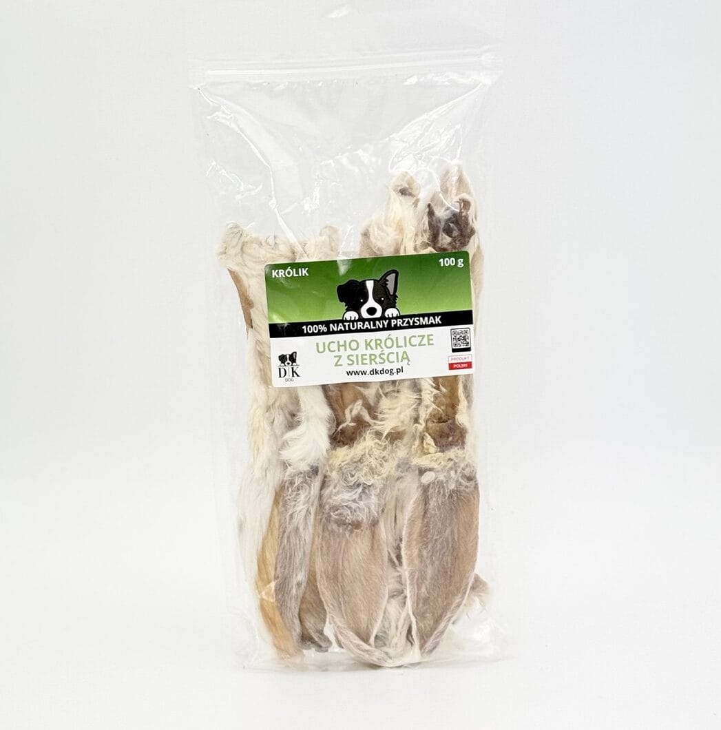 Gryzak naturalny dla psa DK DOG - ucho królika z sierścią - 100 g
